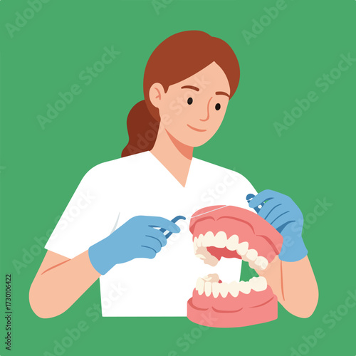 Hygienist shows flossing technique on a denture model