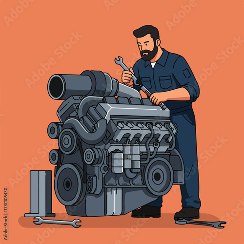 Bearded mechanic with wrench repairs engine on salmon background