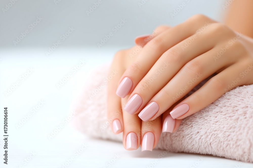 Naklejka premium Elegant manicure with a soft pink hue on delicate hands resting on a plush towel, showcasing a sophisticated and clean aesthetic.