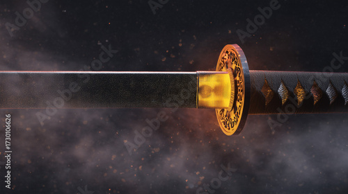 Samurai Katana Sword with Glowing Guard and Smoke

