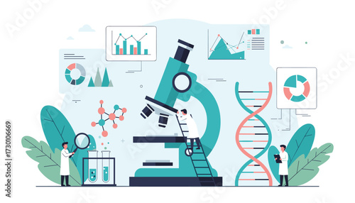 Vector art of scientists conducting research with a microscope and dna helix, surrounded by charts and molecular structures, illustrating scientific discovery and innovation