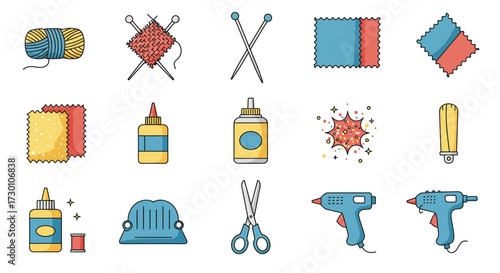 Collection of 15 colorful line art icons depicting crafting supplies and tools