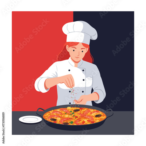 Chef prepares paella, adding seasonings. Red/navy background, simple design