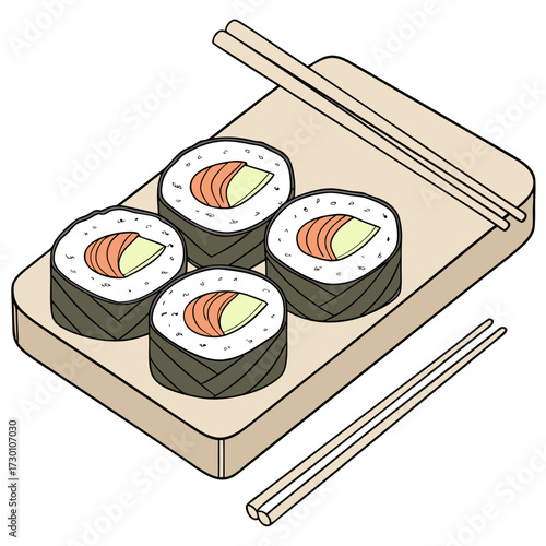 Sushi rolls with salmon and avocado on a wooden board with chopsticks