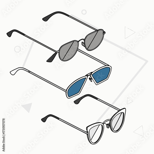 Three pairs of sunglasses are displayed in a drawing