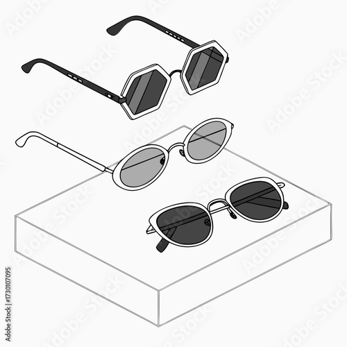 Three pairs of sunglasses are displayed on a white surface in a drawing