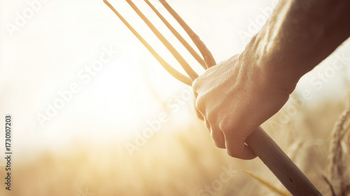 Farmer Holding Pitchfork in Golden Field at Sunset
