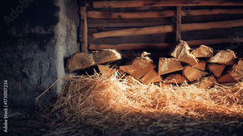 Stacked Firewood and Straw in Rustic Barn Corner
