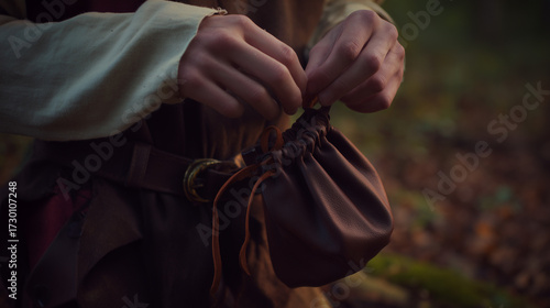 Person Closing a Drawstring Leather Pouch in Forest
