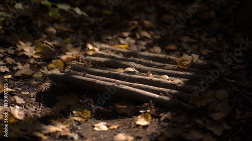 Small Wooden Footbridge Made of Logs in Forest Path
