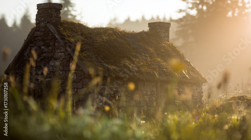 Moss Covered Stone Cottage in Misty Morning Light
