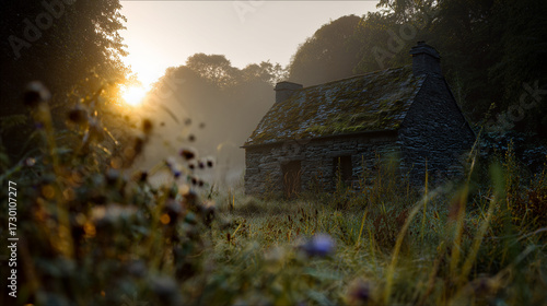 Old Stone Cottage in Misty Countryside at Sunrise
