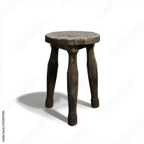 Rustic Wooden Three-Legged Stool Isolated on White Background
