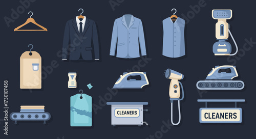 Flat illustration of dry cleaning tools and garments on a dark background