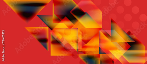 Abstract geometric shapes overlap, creating vibrant red, orange, yellow composition. Background features subtle circular pattern.