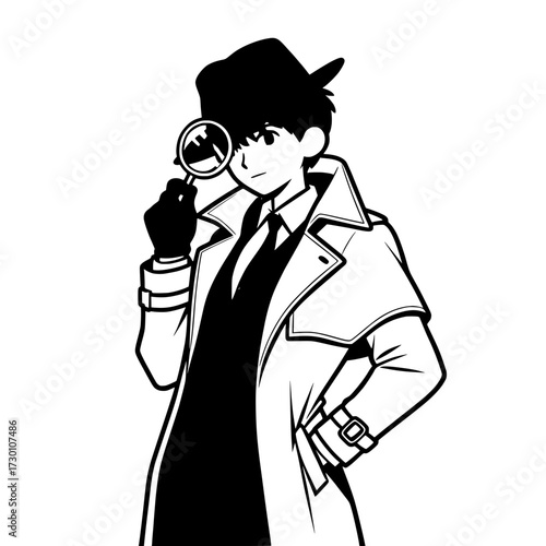 Boy detective with magnifying glass in stylish outfit and copy space