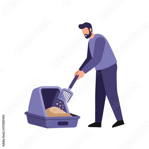 Cartoon man cleaning cat litter box with scoop on white background