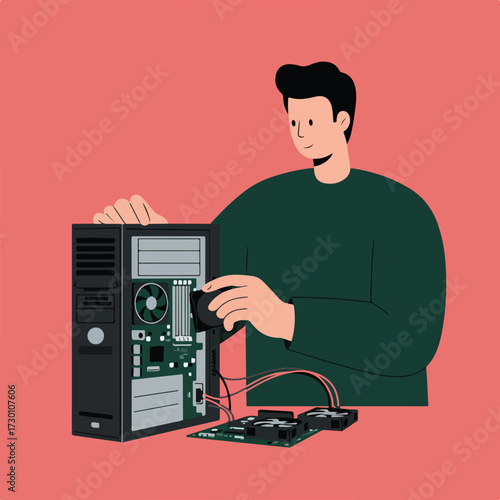 Man fixing PC, internal components exposed on a salmon background