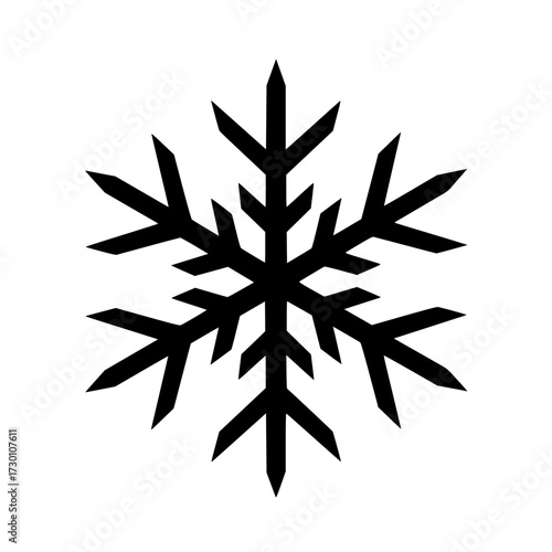 Simple black snowflake silhouette on white background and copy space