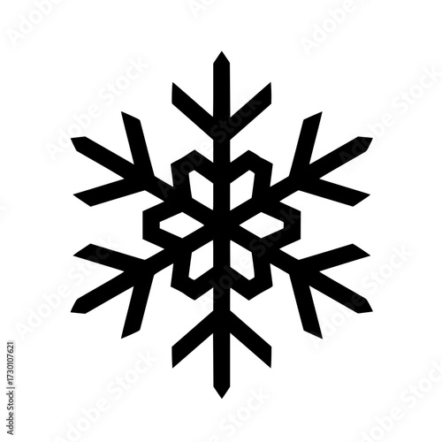 Stylized black snowflake design with unique patterns on white background and copy space