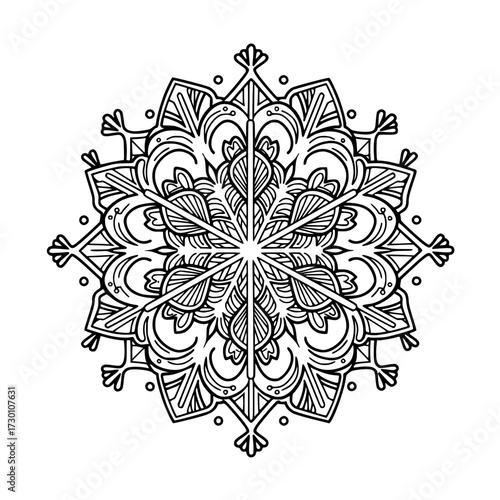 Ornate mandala design with floral and snowflake elements in detailed outline and copy space