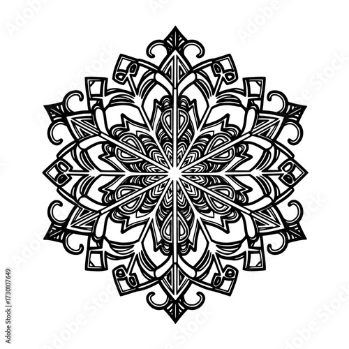 Elaborate mandala design with intricate patterns and detailed outlines on white background and copy space