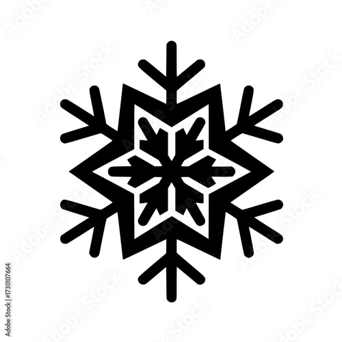 Intricate black snowflake illustration with layered design on white background and copy space