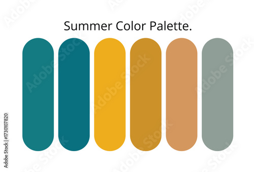 Summer color palette featuring teal, golden yellow, ocher, warm brown, peach, and soft gray shades, offering a modern stylish scheme for design, fashion, branding, decor, and creative inspiration.