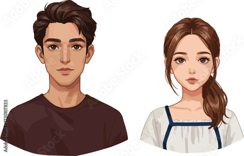 Young man, young woman, brown hair, dark shirt, white blouse, portrait, facing forward, neutral, character design