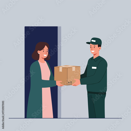 Cartoon of a delivery person handing a woman a cardboard box