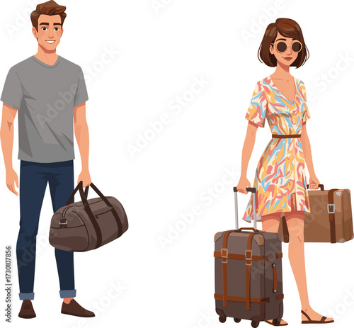Traveling, carry-on luggage, colorful dress, gray shirt, casual attire, man, woman, sunglasses, duffle bag, suitcase