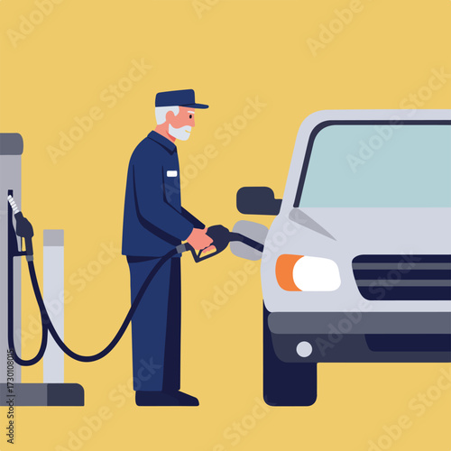 Man fueling car at gas station with yellow background in cartoon minimalist style