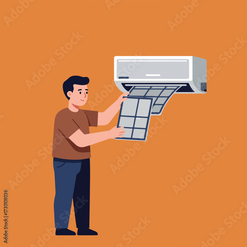 Man cleaning AC filter against orange backdrop