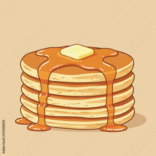 Stack of pancakes with butter and syrup, cartoon illustration