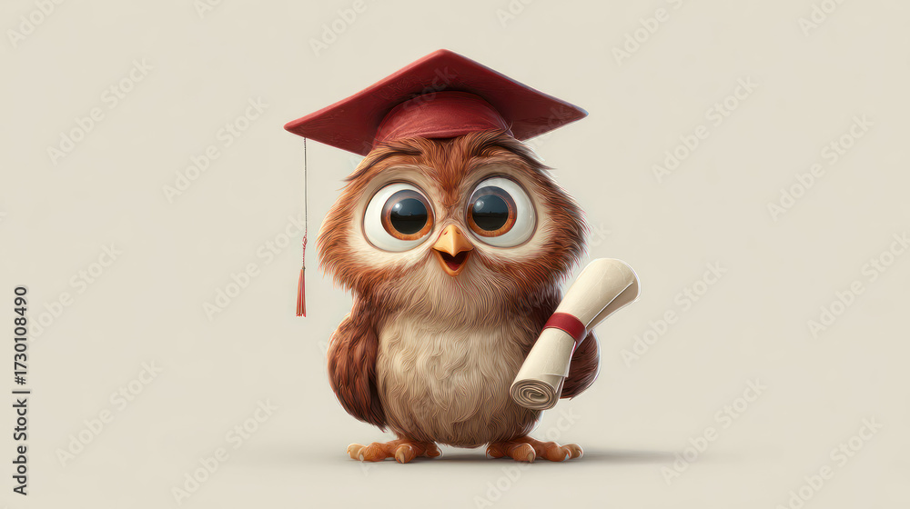 Fototapeta premium Animated owl in graduation cap holding diploma, set against a pale neutral background