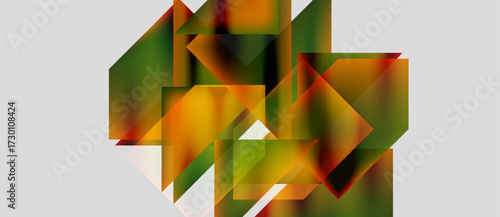 Abstract geometric shapes overlap, creating vibrant color blends. Greens, oranges, reds dominate composition. Minimalist style.