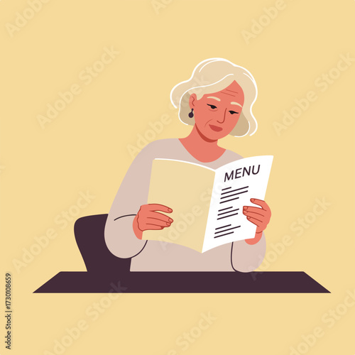 Elder woman reads menu at table in flat design illustration