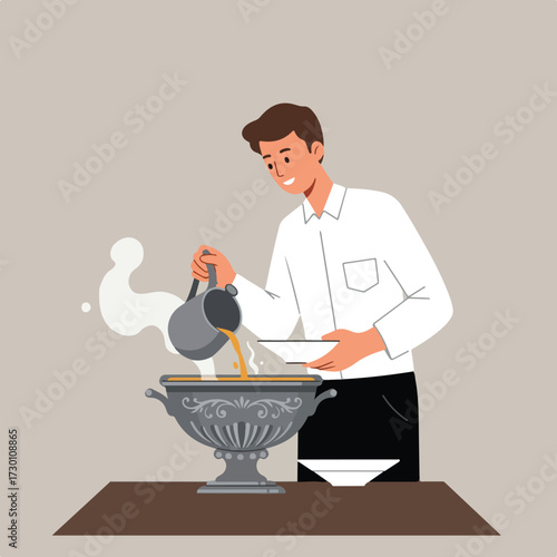 Man pouring soup into a bowl from ornate tureen, steaming on brown table