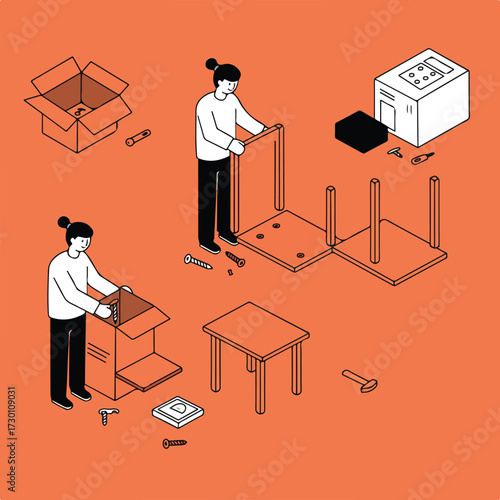 Two figures assemble furniture with boxes and tools on an orange background