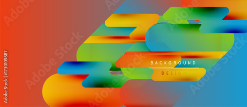 Abstract colorful shapes overlap, creating dynamic visual effect. Gradient hues blend smoothly, forming modern background design.