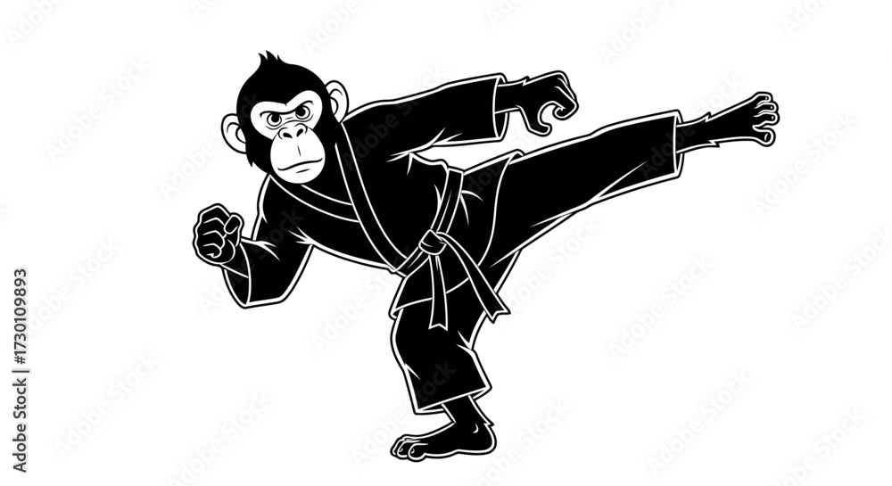 Fototapeta premium Black and white illustration of a chimpanzee performing a karate kick in a gi on a white background monkey