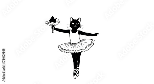 Black and White Cartoon Cat Ballerina Dancing with a Fan on a White Background dance ballet