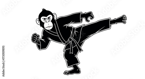 Black and white illustration of a chimpanzee performing a karate kick in a gi on a white background monkey