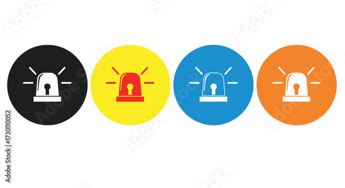 Four colorful circular icons each featuring a white alarm light symbol in the center signifying emergency warning and safety alerts