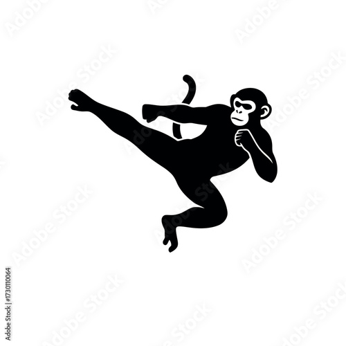 Black and White Silhouette of a Monkey Performing a High Kick on White Background Keywords: monkey, martial arts, karate, kick, fighting, action, pose, dynamic, athletic, agile, strong
