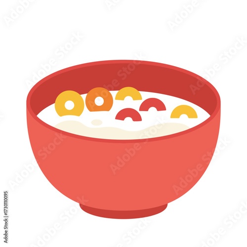 Red bowl filled with milk and colorful cereal rings