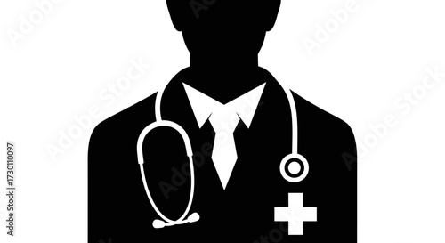 Silhouette of a medical professional wearing a stethoscope and a white medical cross symbol on their coat representing healthcare and treatment