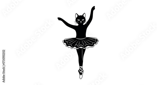 Black cat silhouette dressed as a ballerina in a tutu and pointe shoes on a white background ballet dancer