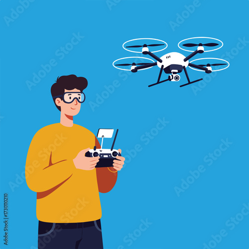 Man controls drone with remote, wearing goggles, set on blue background