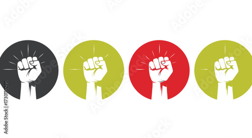 Four Circles Featuring Raised Fists Symbolizing Power Unity and Protest Across Diverse Backgrounds